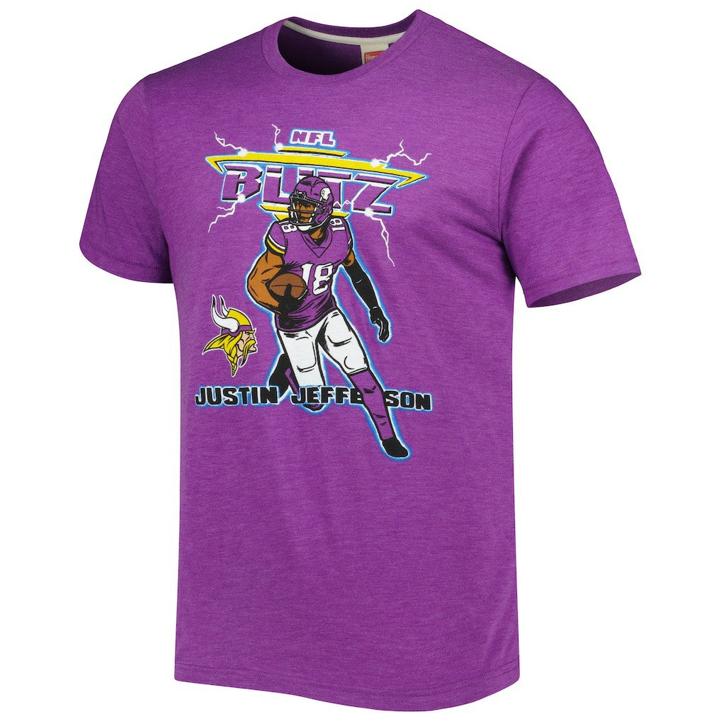Justin Jefferson Minnesota Vikings Homage Unisex NFL Blitz Player Tri-Blend T-Shirt - Heathered Heather Purple for sale