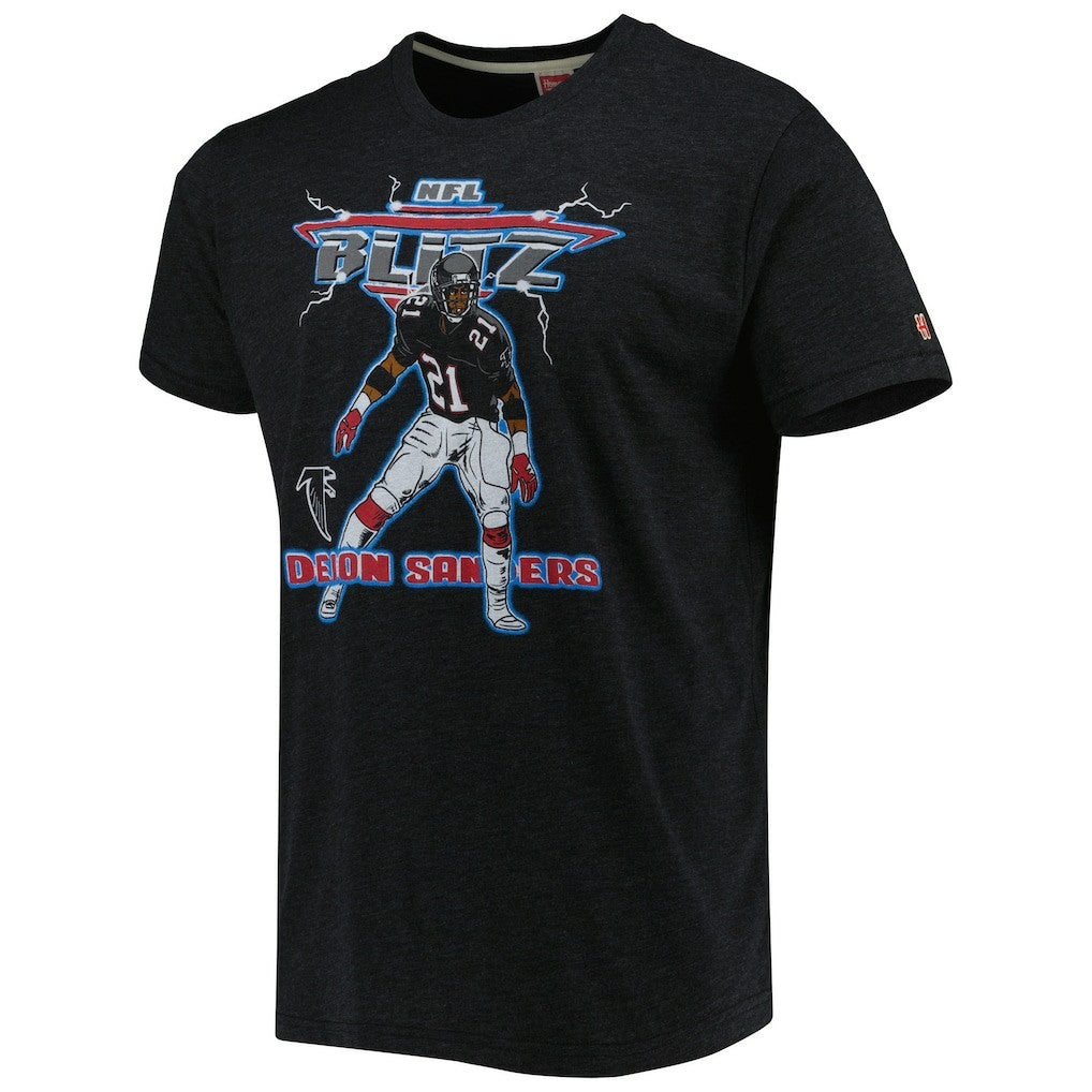 Deion Sanders Atlanta Falcons Homage Unisex NFL Blitz Retired Player Tri-Blend T-Shirt - Heathered Heather Black on sale