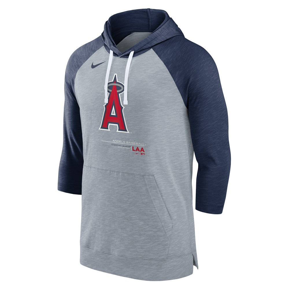 Los Angeles Angels Baseball Raglan 3/4-Sleeve Pullover Hoodie - Heather Gray/Heather Navy | Nike