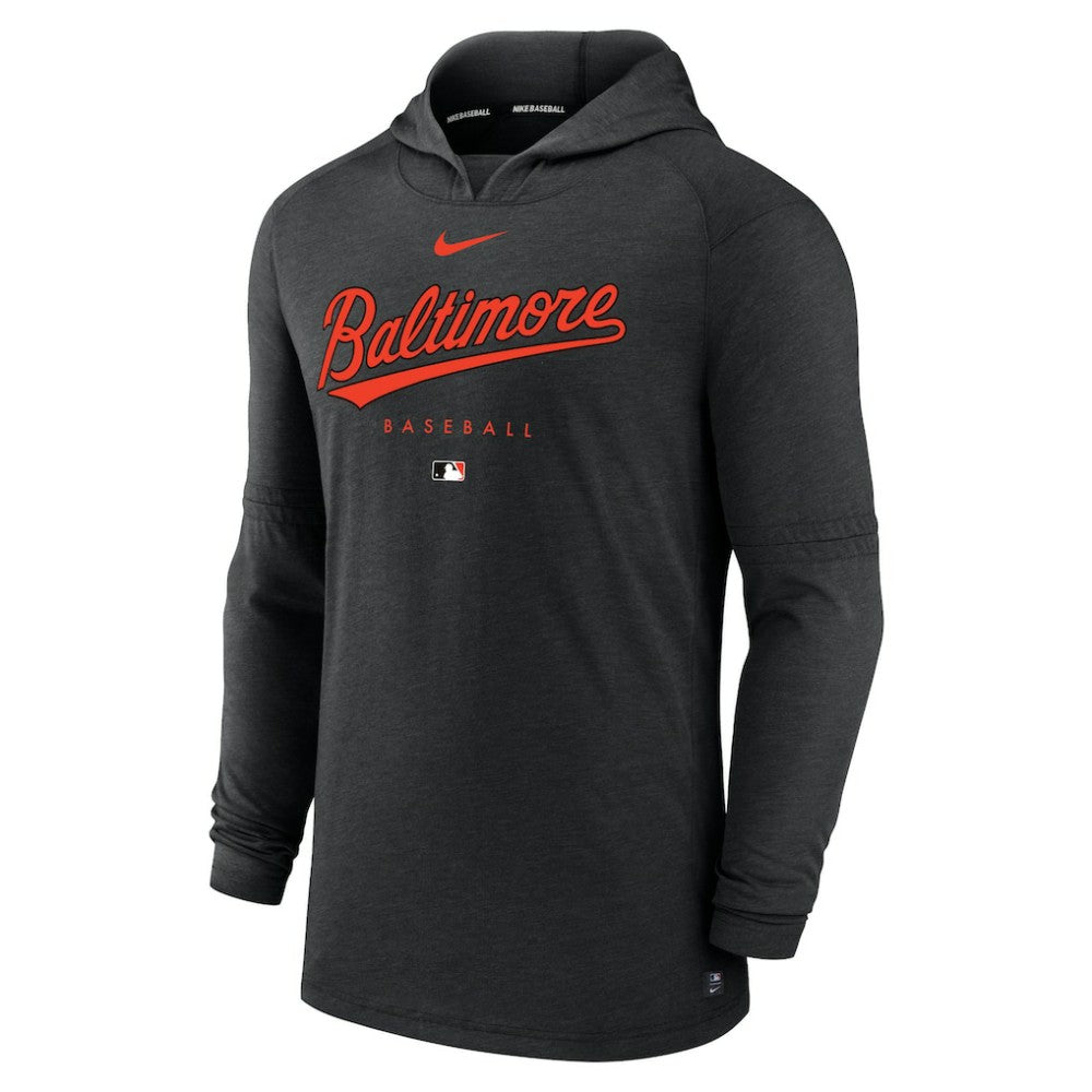 Baltimore Orioles Authentic Collection Lightweight Dri-FIT Hooded Pullover - Heather Black | Nike