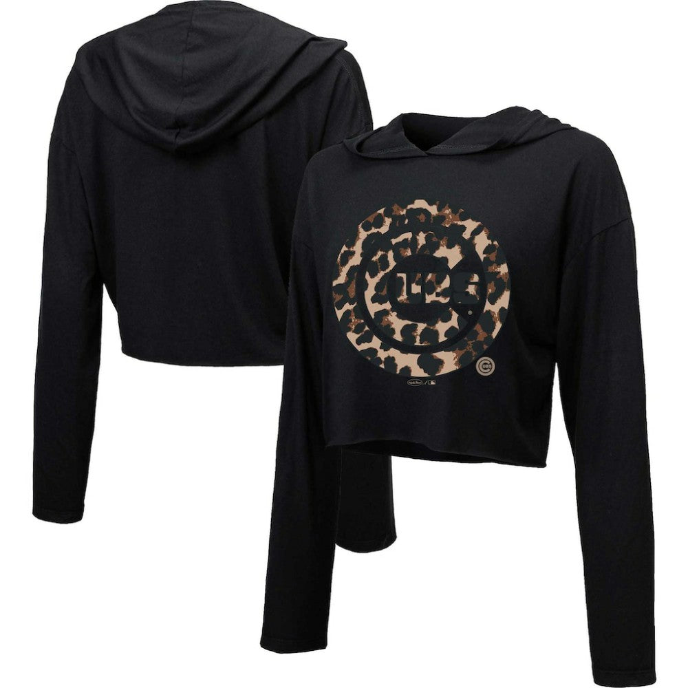 Chicago Cubs Majestic Threads Women's Leopard Cropped Hoodie - Black