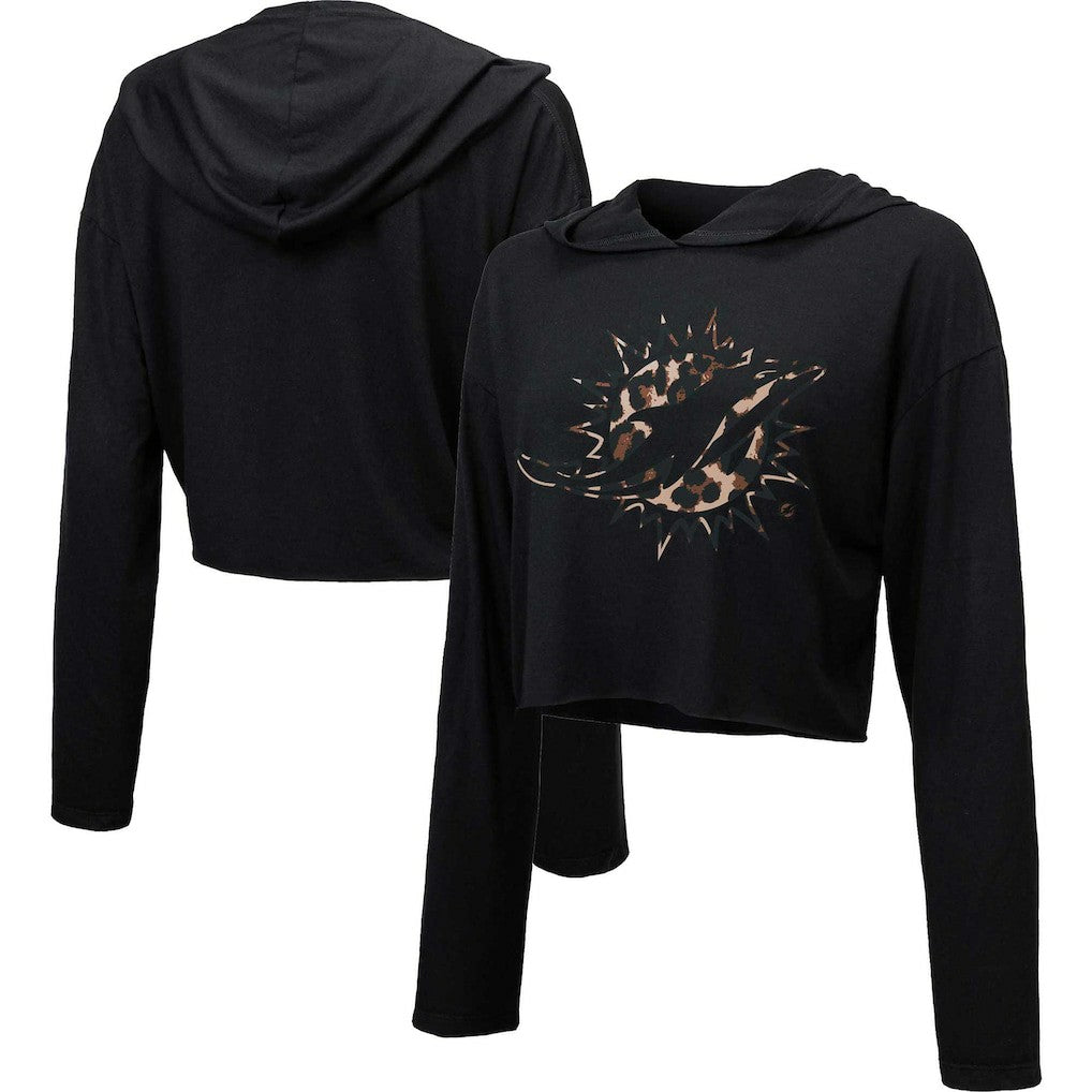 Miami Dolphins Majestic Threads Women's Leopard Cropped Pullover Hoodie - Black for sale