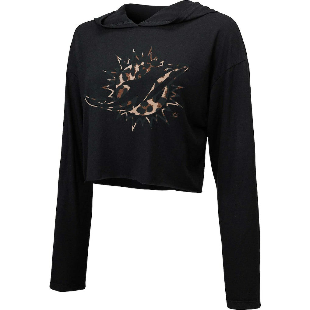 Miami Dolphins Majestic Threads Women's Leopard Cropped Pullover Hoodie - Black for sale
