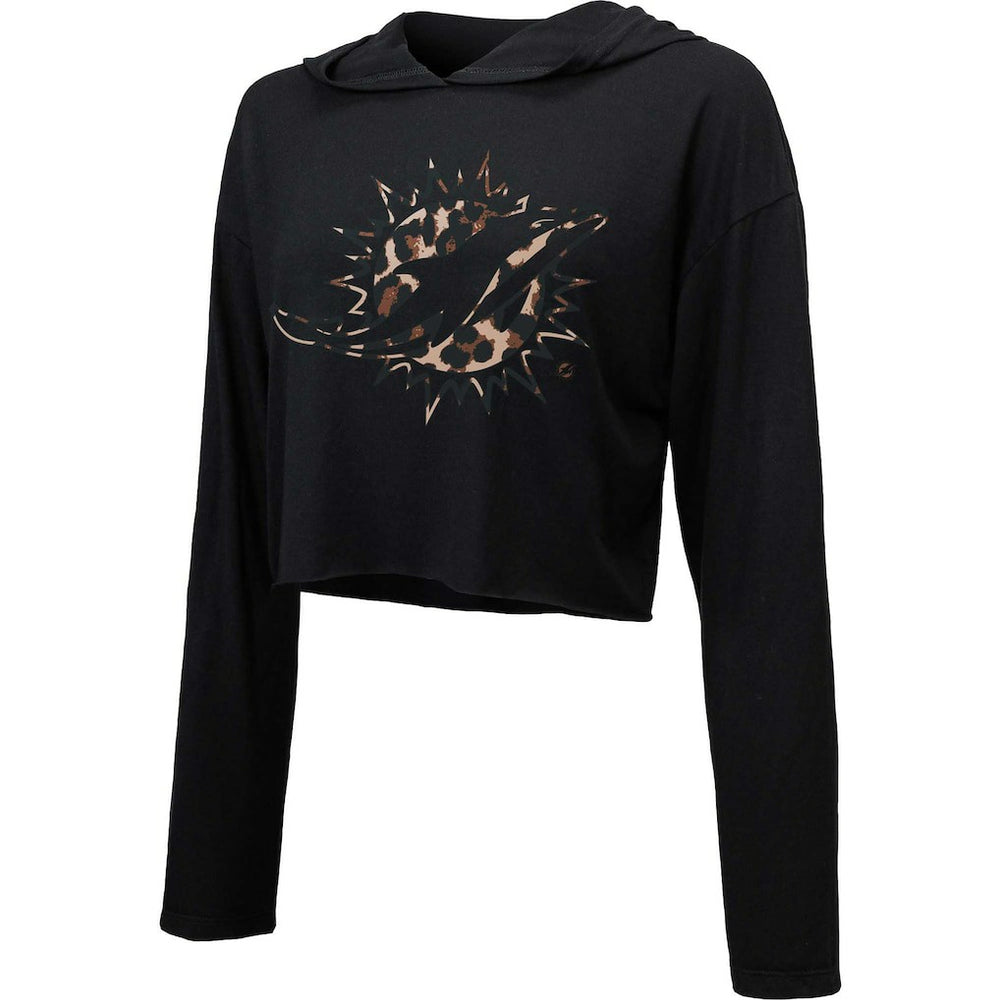 Miami Dolphins Majestic Threads Women's Leopard Cropped Pullover Hoodie - Black for sale