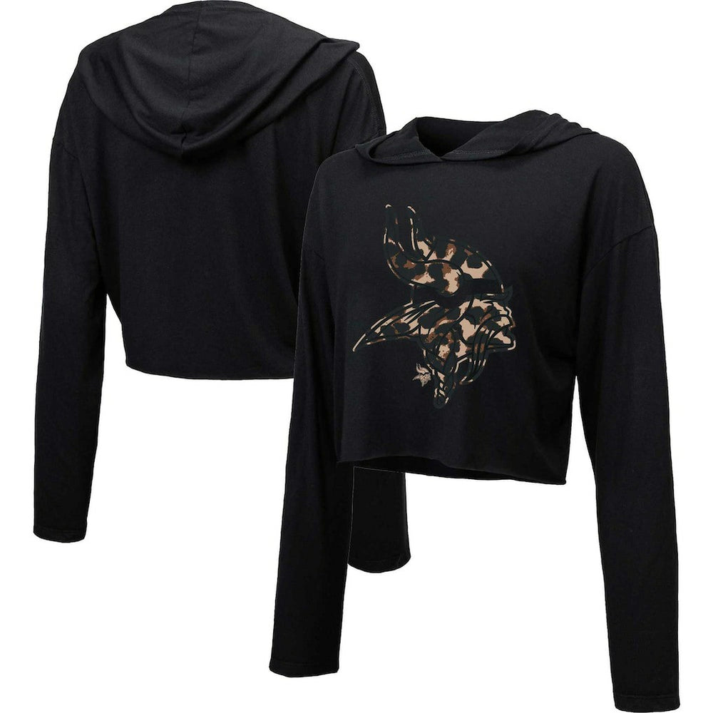 Minnesota Vikings Majestic Threads Women's Leopard Cropped Pullover Hoodie - Black discount