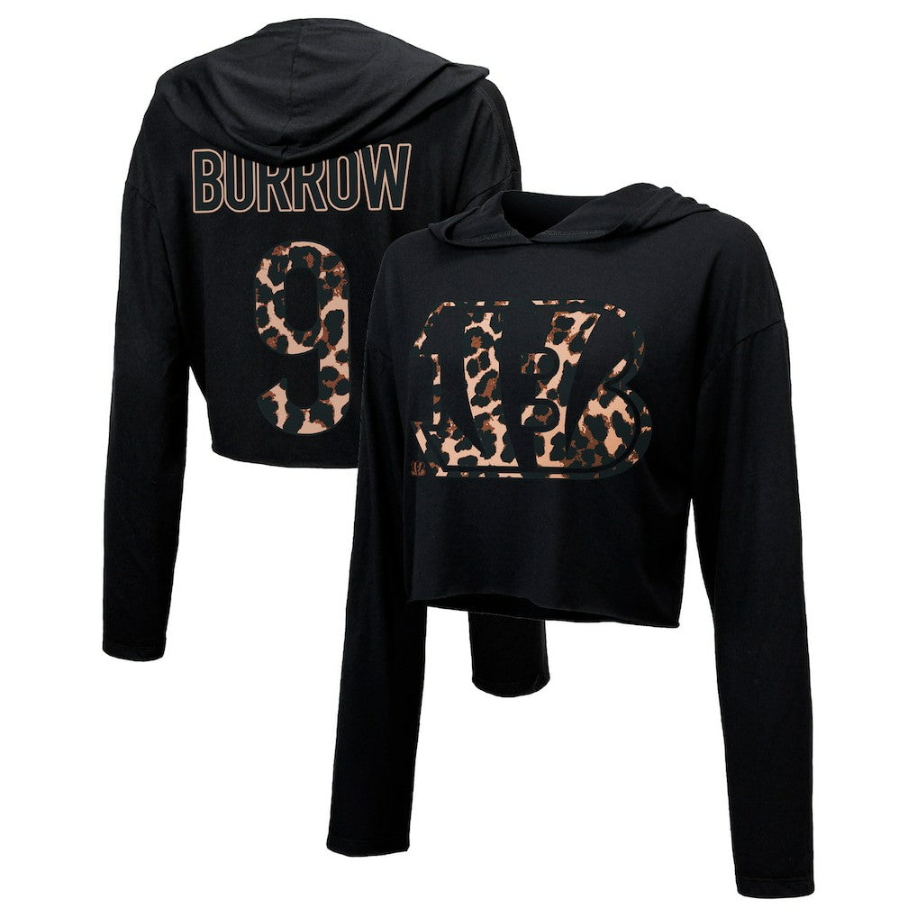 Joe Burrow Cincinnati Bengals Majestic Threads Women's Leopard Player Name & Number Long Sleeve Cropped Hoodie - Black for sale