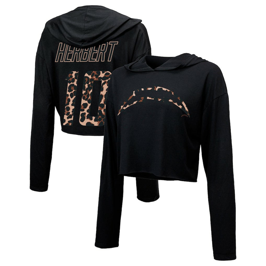 Justin Herbert Los Angeles Chargers Majestic Threads Women's Leopard Player Name & Number Long Sleeve Cropped Hoodie - Black online