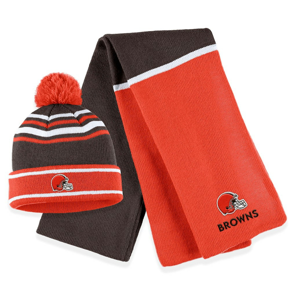 Cleveland Browns WEAR by Erin Andrews Women's Colorblock Cuffed Knit Hat with Pom and Scarf Set - Orange for sale