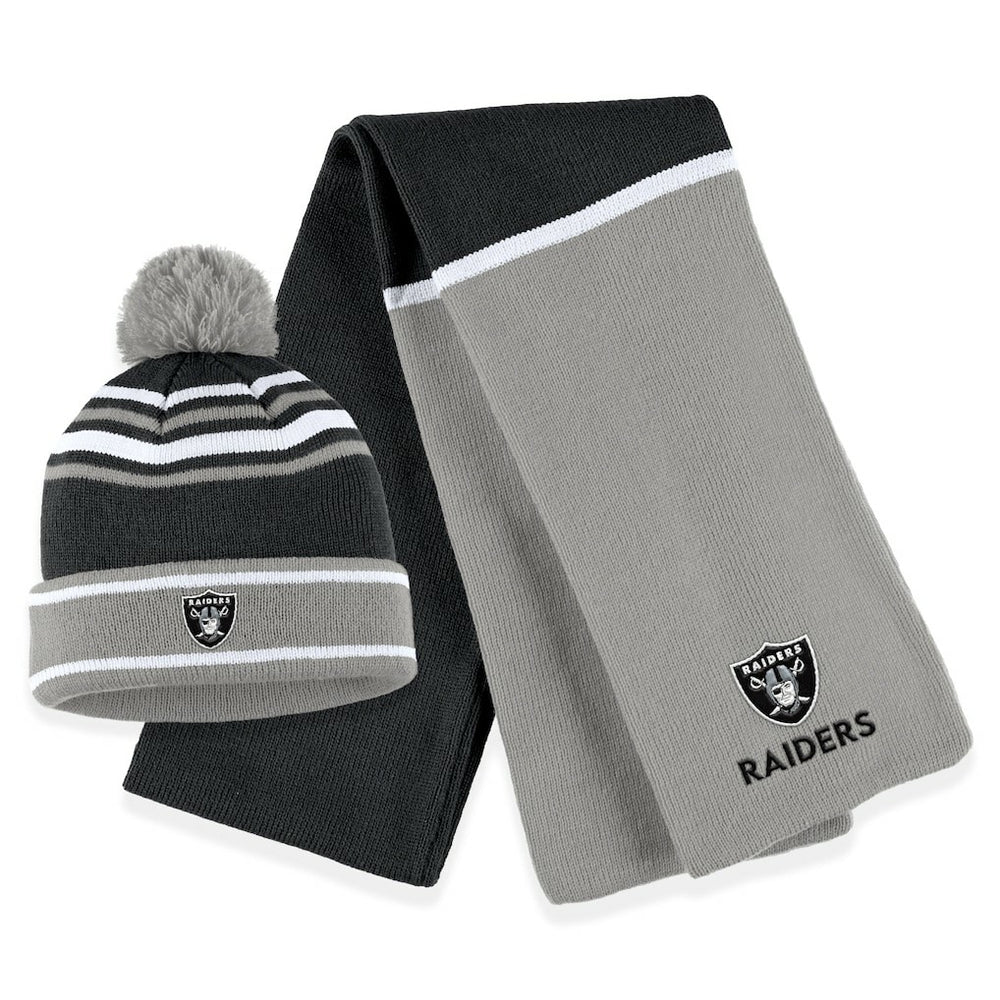 Las Vegas Raiders WEAR by Erin Andrews Women's Colorblock Cuffed Knit Hat with Pom and Scarf Set - Black for sale