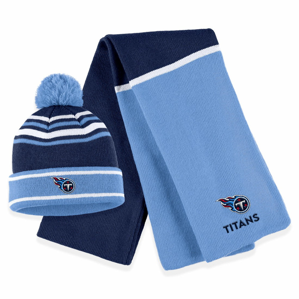 Tennessee Titans WEAR by Erin Andrews Women's Colorblock Cuffed Knit Hat with Pom and Scarf Set - Navy for sale