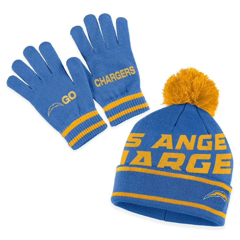Los Angeles Chargers WEAR by Erin Andrews Women's Double Jacquard Cuffed Knit Hat with Pom and Gloves Set - Powder Blue sale