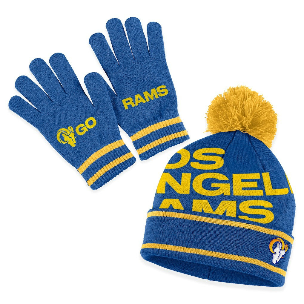 Los Angeles Rams WEAR by Erin Andrews Women's Double Jacquard Cuffed Knit Hat with Pom and Gloves Set - Royal online
