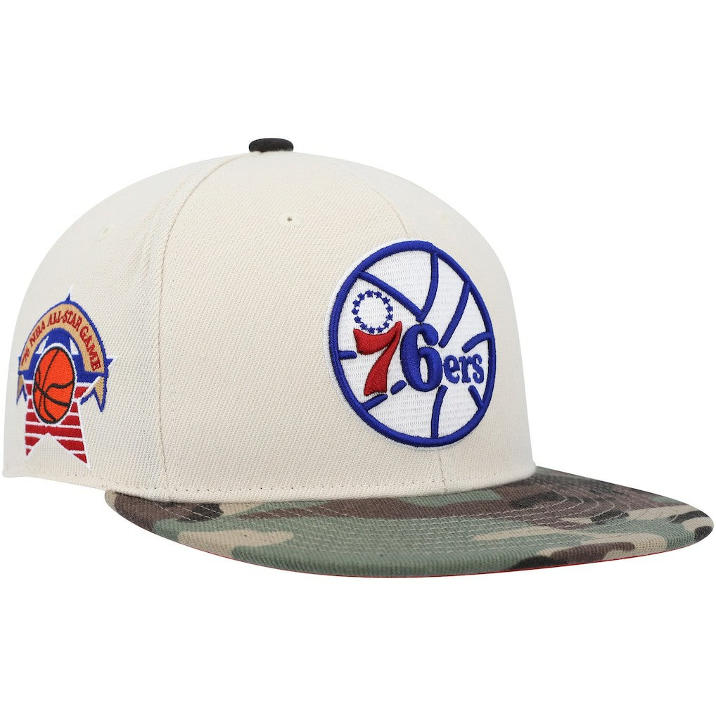 Philadelphia 76ers Hardwood Classics 1976 NBA All-Star Game Off White Camo Fitted Hat - Cream/Camo | Mitchell & Ness shop