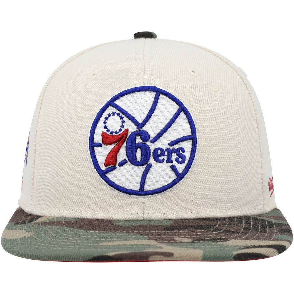Philadelphia 76ers Hardwood Classics 1976 NBA All-Star Game Off White Camo Fitted Hat - Cream/Camo | Mitchell & Ness shop