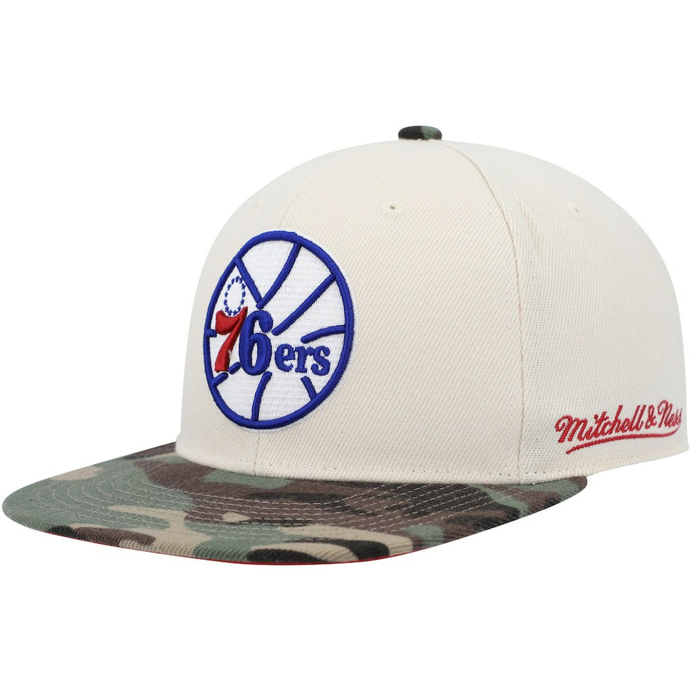 Philadelphia 76ers Hardwood Classics 1976 NBA All-Star Game Off White Camo Fitted Hat - Cream/Camo | Mitchell & Ness shop
