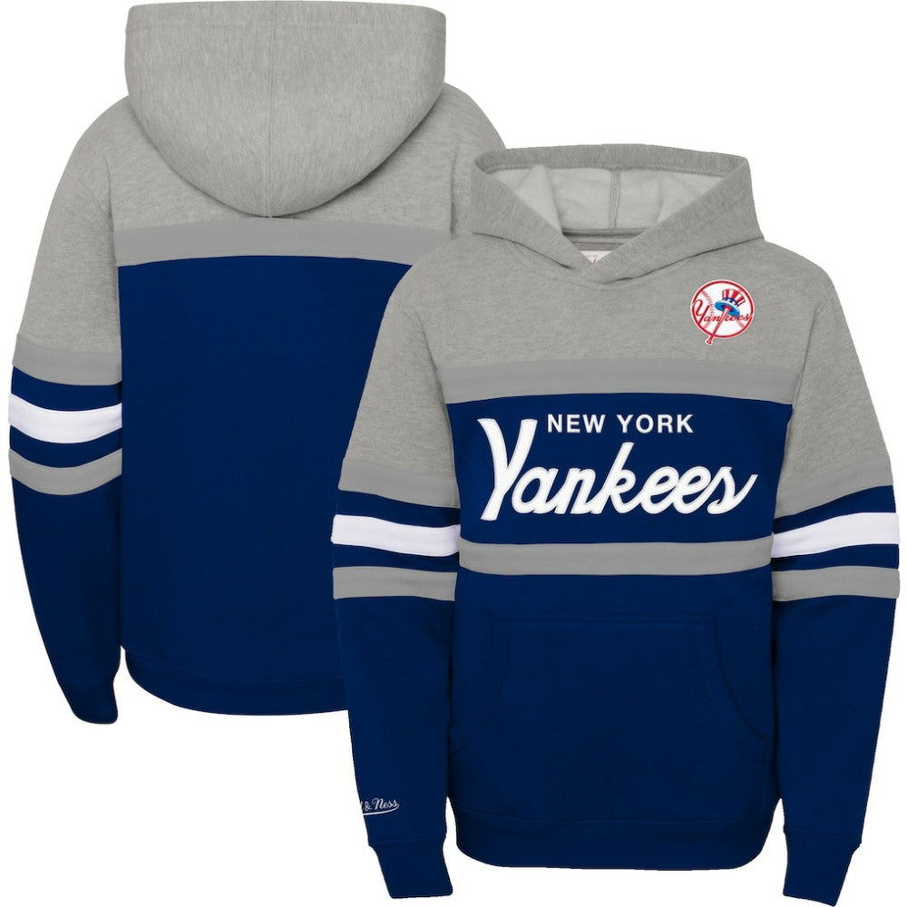 New York Yankees Youth Cooperstown Collection Head Coach Pullover Hoodie - Heather Gray/Navy | Mitchell & Ness