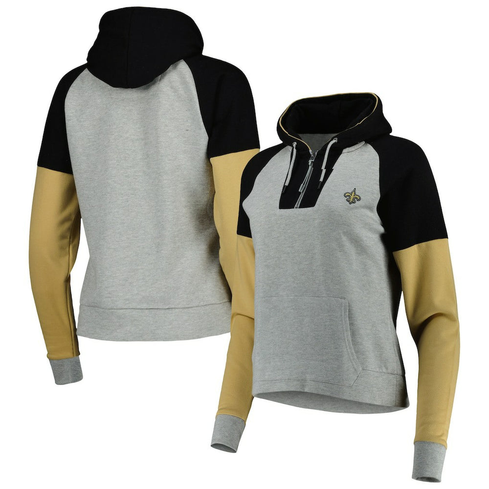 New Orleans Saints Antigua Women's Lightweight Jackpot Raglan Half-Zip Pullover Hoodie - Heather Gray for sale