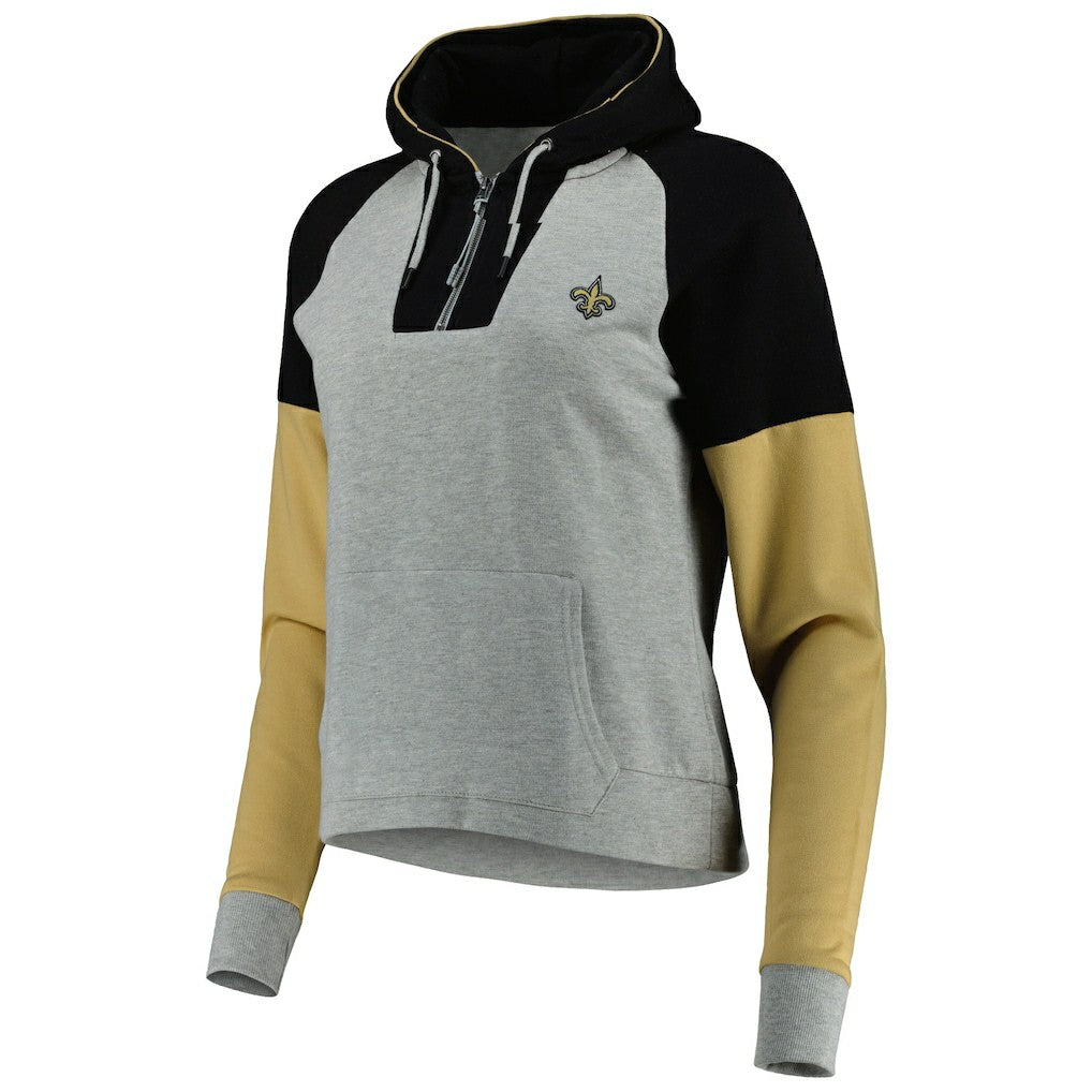 New Orleans Saints Antigua Women's Lightweight Jackpot Raglan Half-Zip Pullover Hoodie - Heather Gray for sale