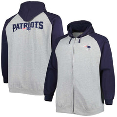 New England Patriots Big & Tall Fleece Raglan Full-Zip Hoodie Jacket - Heather Gray on sale