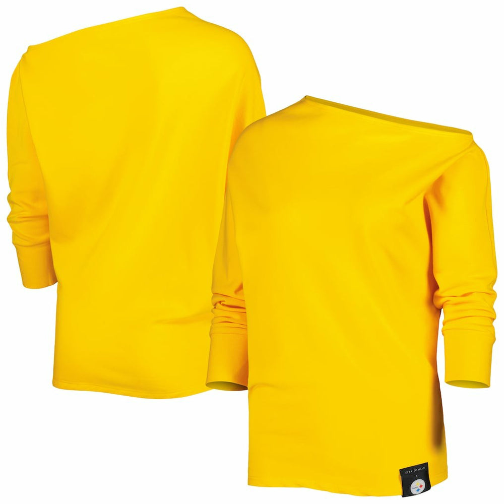 Pittsburgh Steelers KIYA TOMLIN Women's Twisted Tri-Blend Asymmetrical 3/4-Dolman Sleeve Sweatshirt - Gold on sale