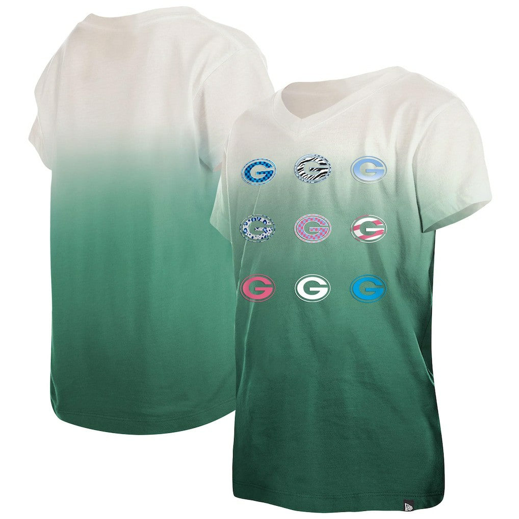 Green Bay Packers New Era Youth Multi Logo Ombre V-Neck T-Shirt - Green for sale