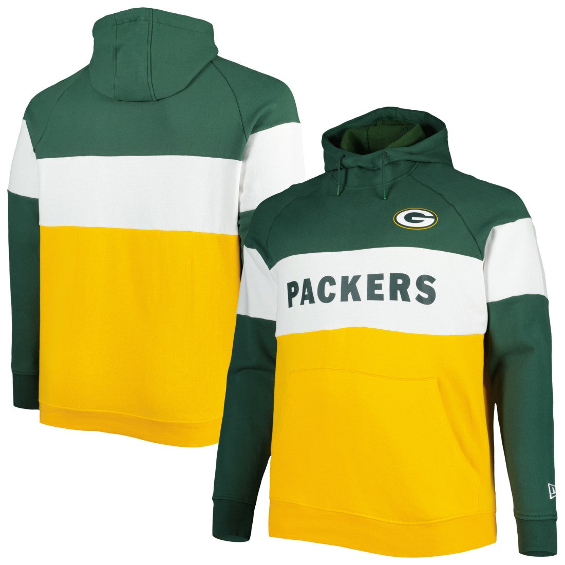 Green Bay Packers New Era Big & Tall Current Team Colorblock Fleece Raglan Pullover Hoodie - Green/Gold on sale