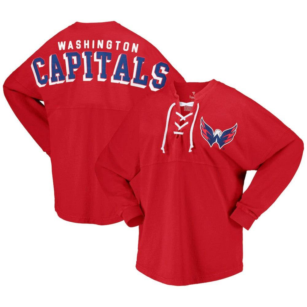 Washington Capitals Fanatics Women's Spirit Lace-Up V-Neck Long Sleeve Jersey T-Shirt Red