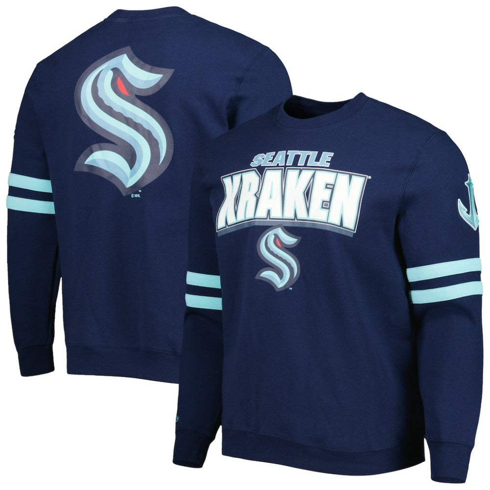 Seattle Kraken Mitchell & Ness Allover Logo Pullover Sweatshirt Deep Sea Blue