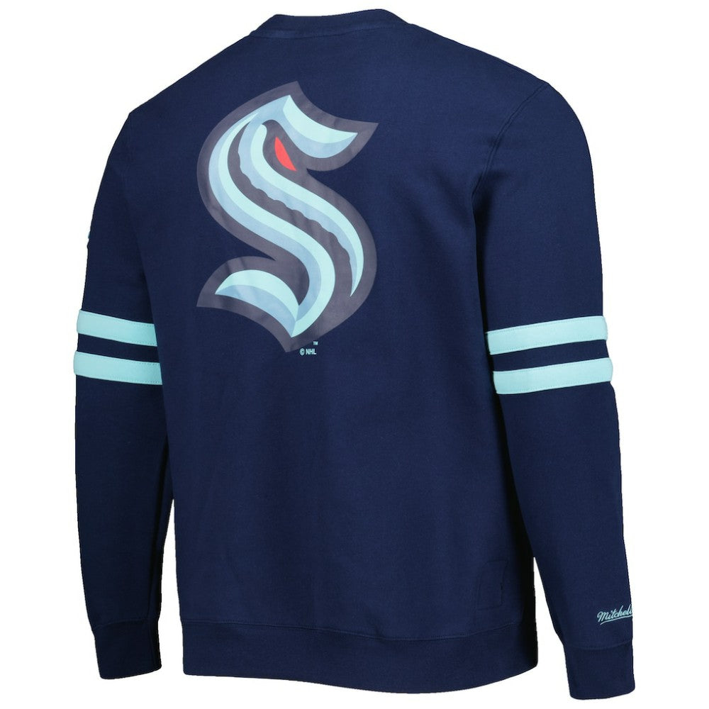 Seattle Kraken Mitchell & Ness Allover Logo Pullover Sweatshirt Deep Sea Blue