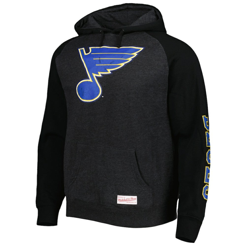 St. Louis Blues Mitchell & Ness Distressed Logo Raglan Pullover Hoodie Heather Black