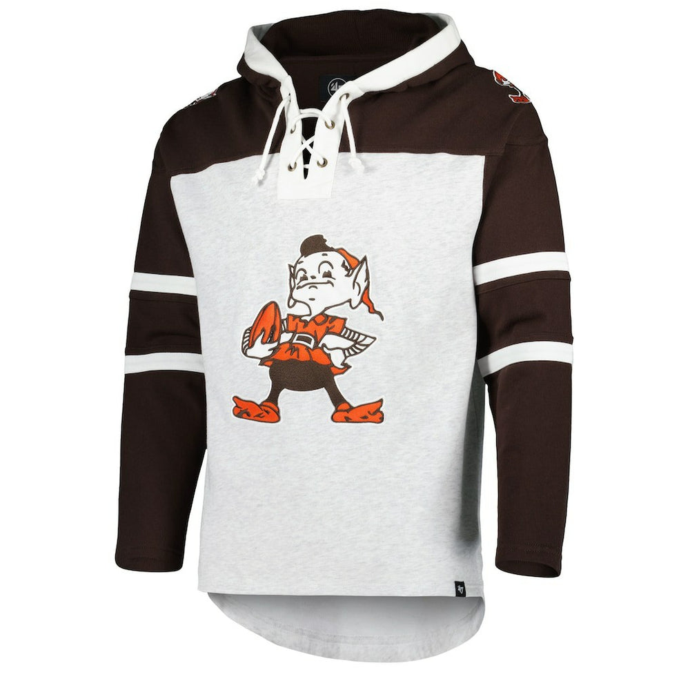 Cleveland Browns '47 Brownie The Elf Historic Logo Gridiron Lace-Up Pullover Hoodie - Heather Gray cheap
