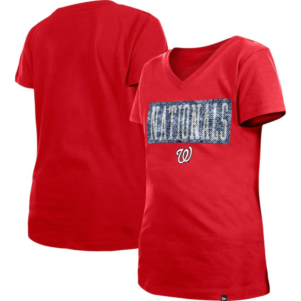 Washington Nationals Girls Youth Flip Sequin Team V-Neck T-Shirt - Red | New Era