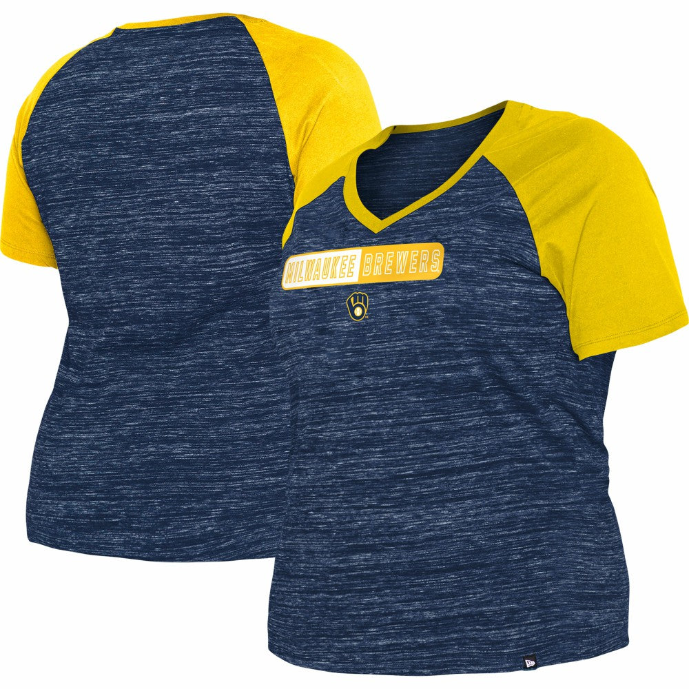 Milwaukee Brewers Women's Plus Size Space Dye Raglan V-Neck T-Shirt - Navy | New Era