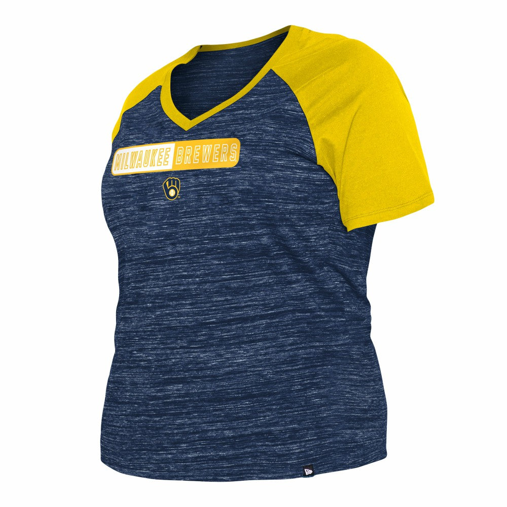 Milwaukee Brewers Women's Plus Size Space Dye Raglan V-Neck T-Shirt - Navy | New Era