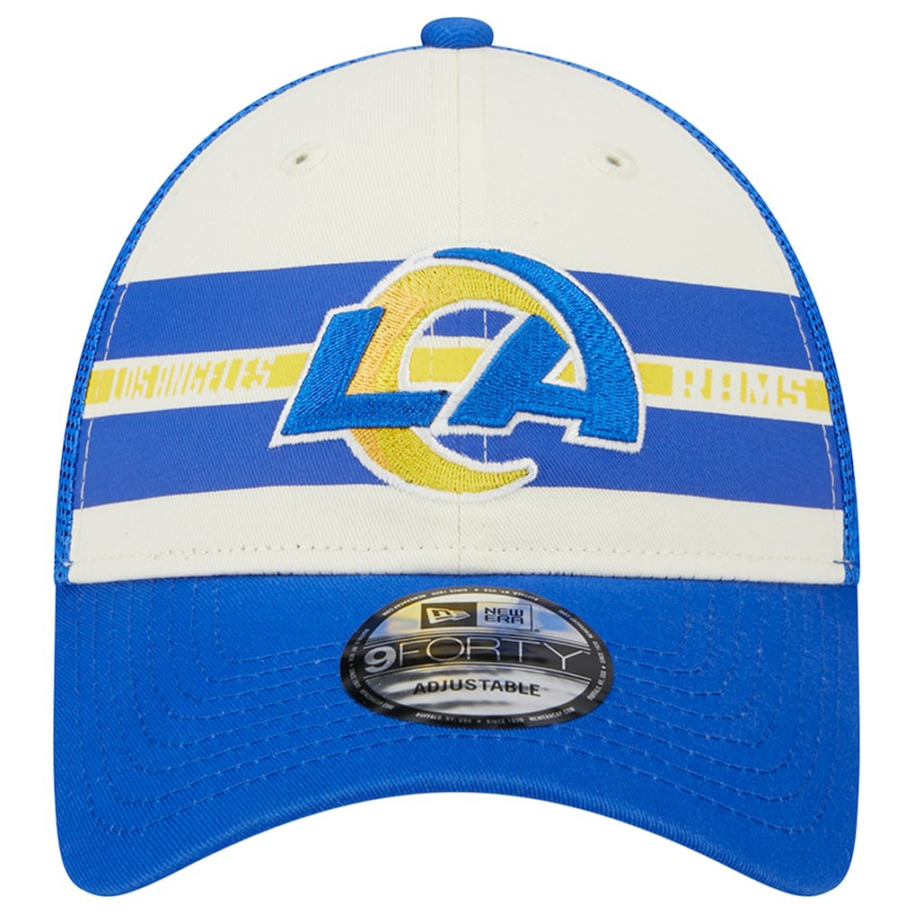 Los Angeles Rams New Era Team Stripe Trucker 9FORTY Snapback Hat - Cream/Royal discount
