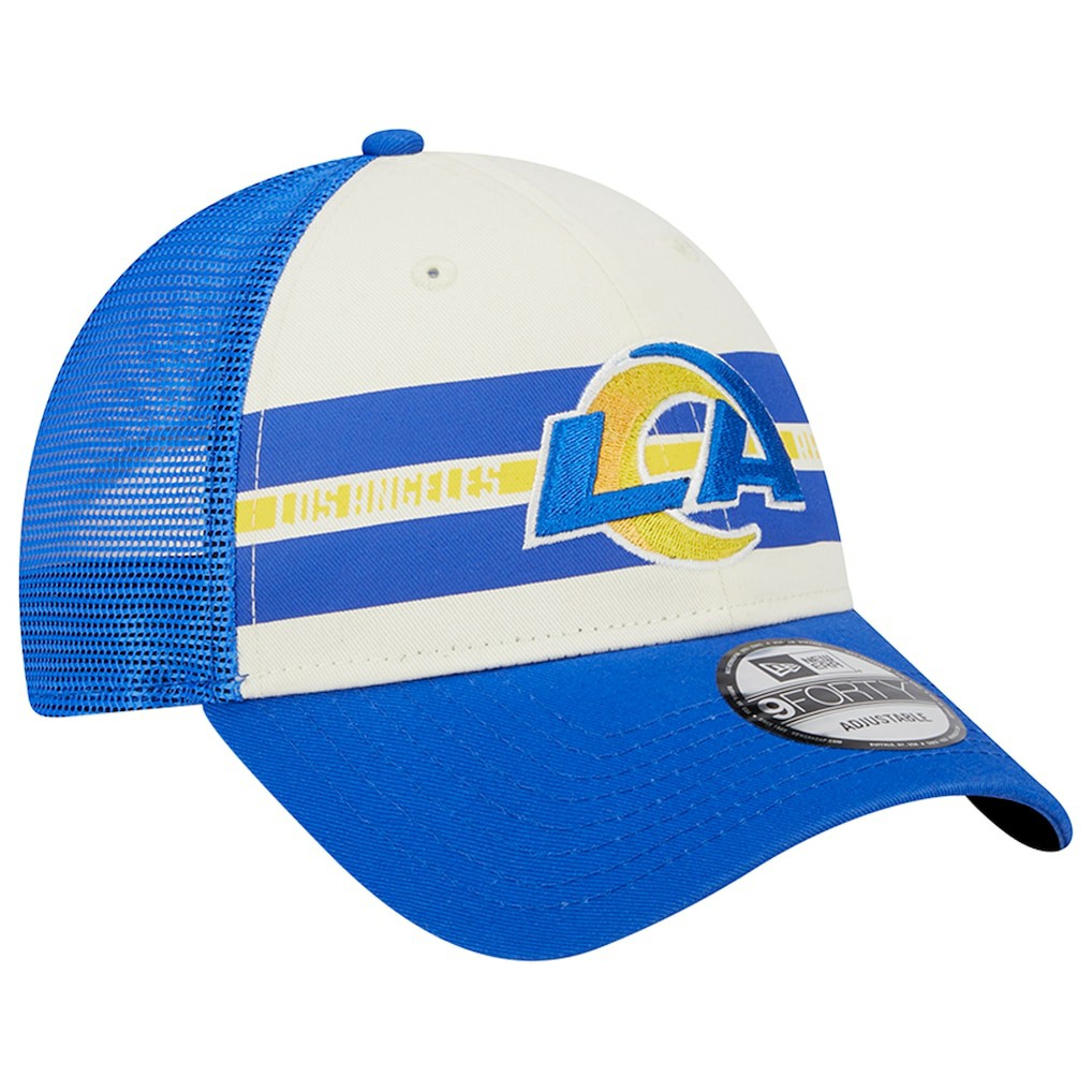 Los Angeles Rams New Era Team Stripe Trucker 9FORTY Snapback Hat - Cream/Royal discount