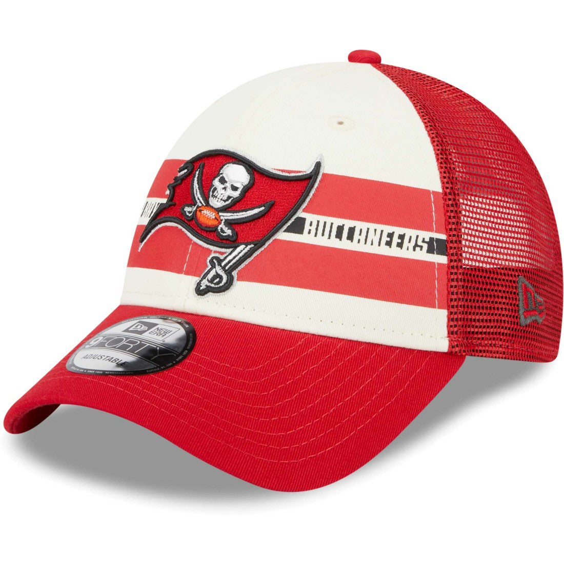 Tampa Bay Buccaneers New Era Team Stripe Trucker 9FORTY Snapback Hat - Cream/Red sale