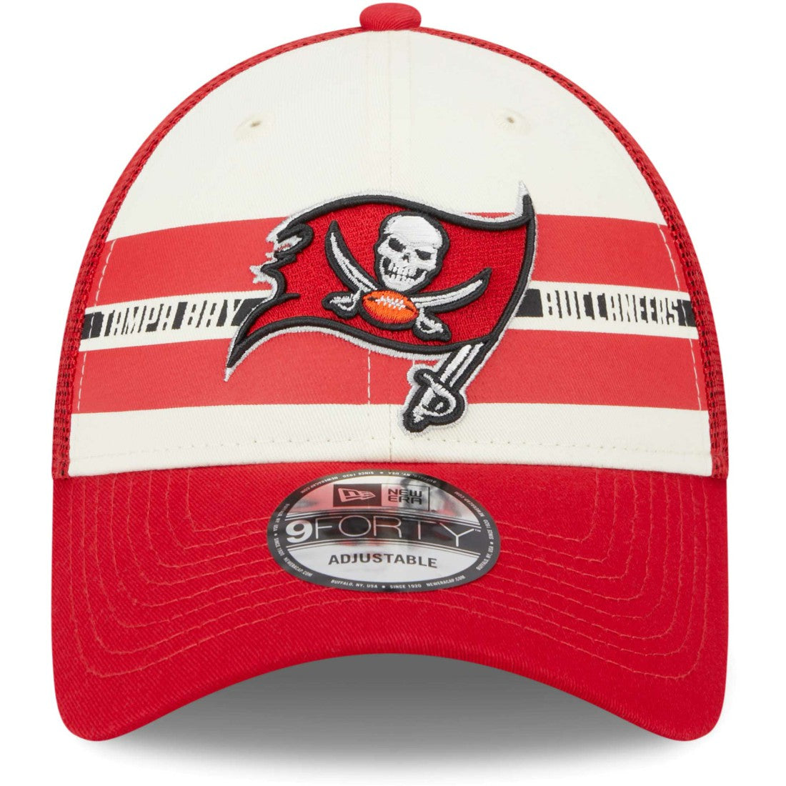 Tampa Bay Buccaneers New Era Team Stripe Trucker 9FORTY Snapback Hat - Cream/Red sale