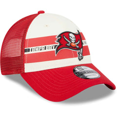 Tampa Bay Buccaneers New Era Team Stripe Trucker 9FORTY Snapback Hat - Cream/Red sale