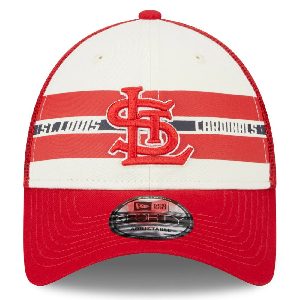 St. Louis Cardinals Team Stripe Trucker 9FORTY Snapback Hat - White/Red | New Era