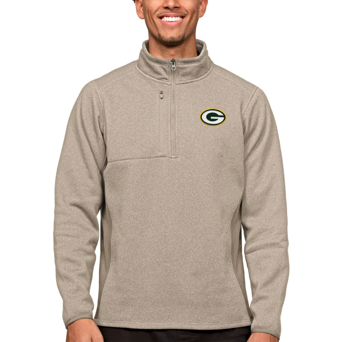 Green Bay Packers Antigua Course Quarter-Zip Pullover Top - Oatmeal on sale