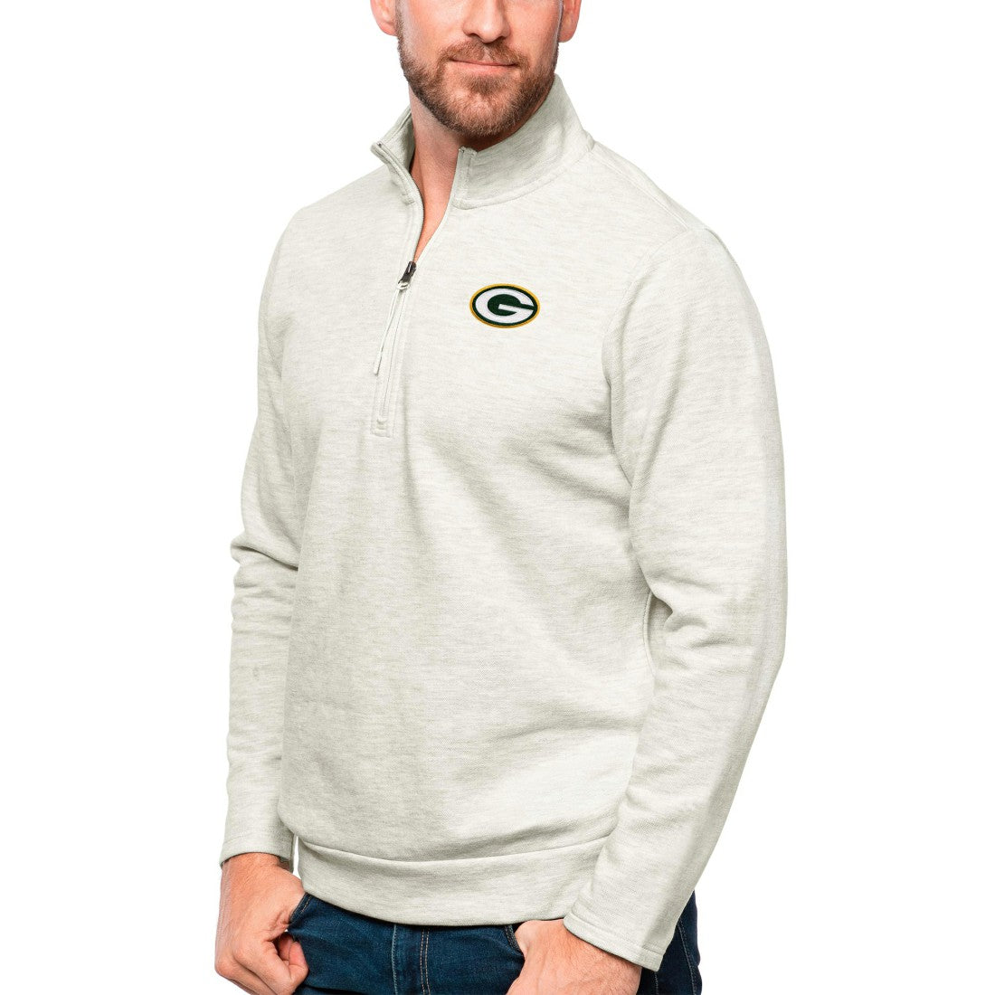 Green Bay Packers Antigua Gambit Quarter-Zip Pullover Top - Oatmeal discount