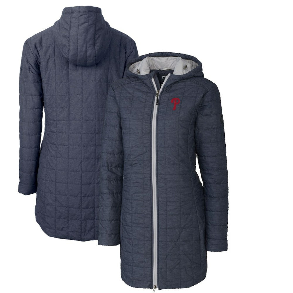 Philadelphia Phillies Cutter & Buck Women's Rainier Primaloft Eco Full-Zip Hoodie Long Coat - Heathered Navy