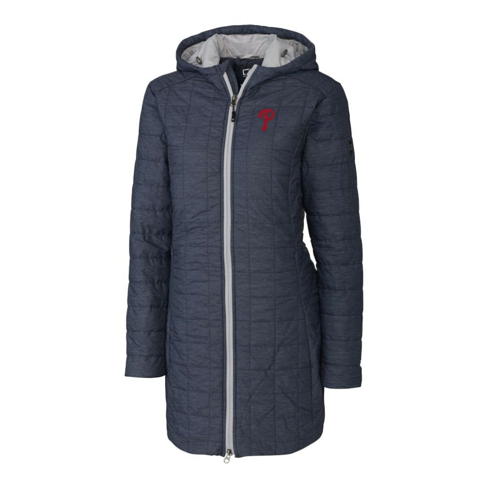 Philadelphia Phillies Cutter & Buck Women's Rainier Primaloft Eco Full-Zip Hoodie Long Coat - Heathered Navy