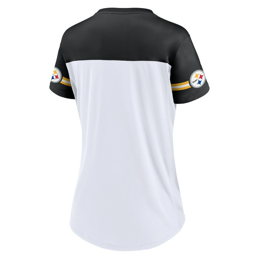 Pittsburgh Steelers Women's Dueling Slant V-Neck Lace-Up T-Shirt - White discount