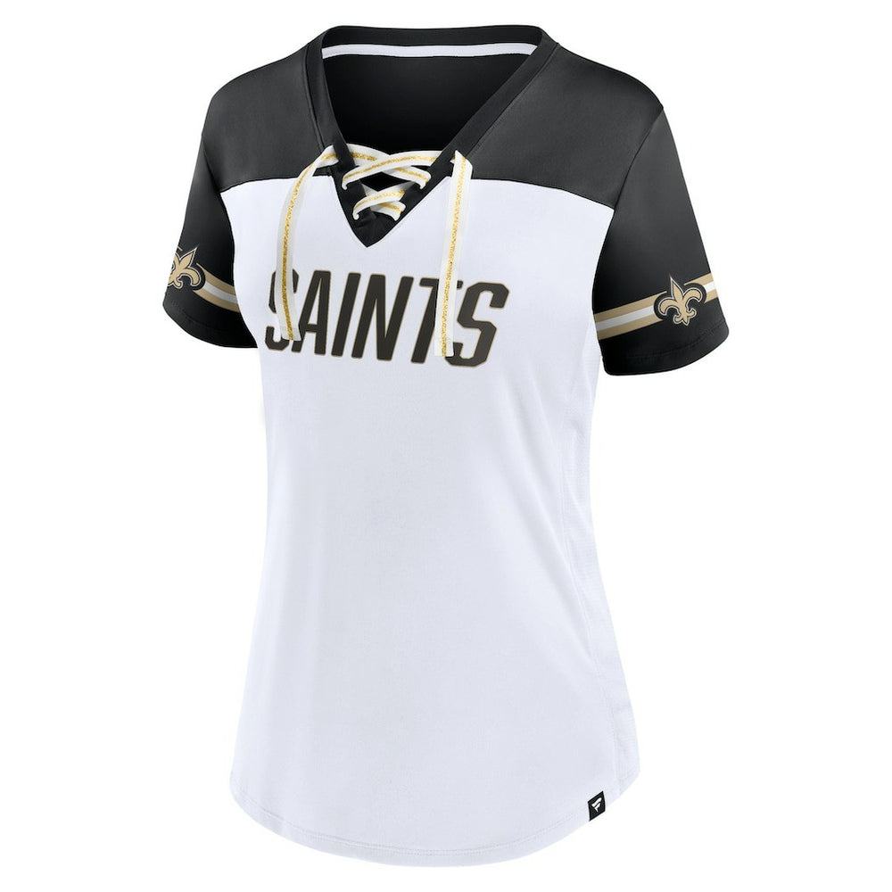 New Orleans Saints Women's Dueling Slant V-Neck Lace-Up T-Shirt - White online