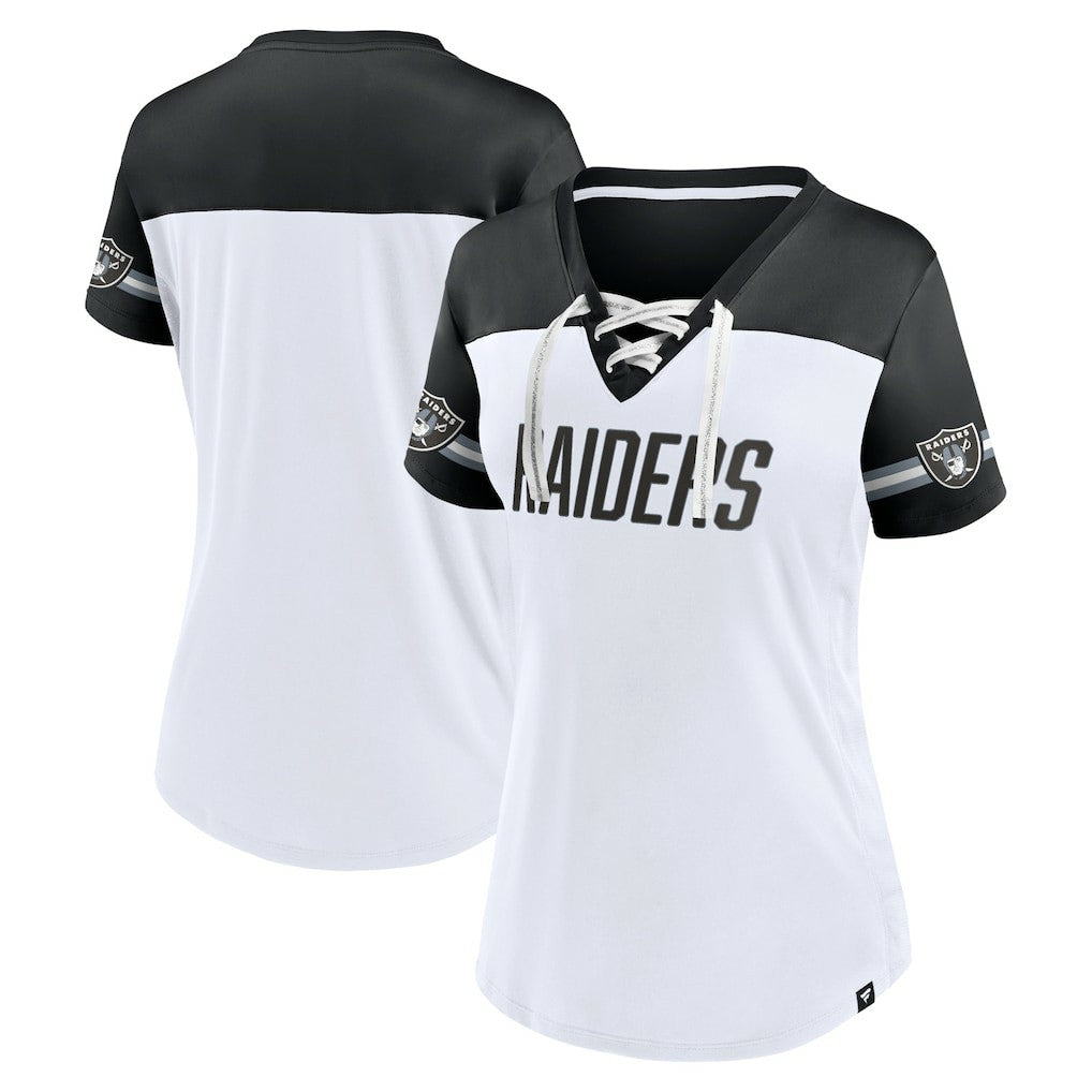 Las Vegas Raiders Women's Dueling Slant V-Neck Lace-Up T-Shirt - White cheap
