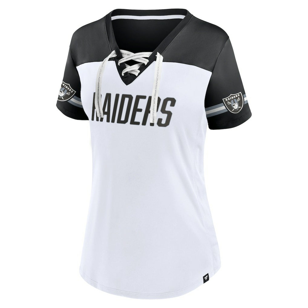 Las Vegas Raiders Women's Dueling Slant V-Neck Lace-Up T-Shirt - White cheap