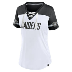 Las Vegas Raiders Women's Dueling Slant V-Neck Lace-Up T-Shirt - White cheap