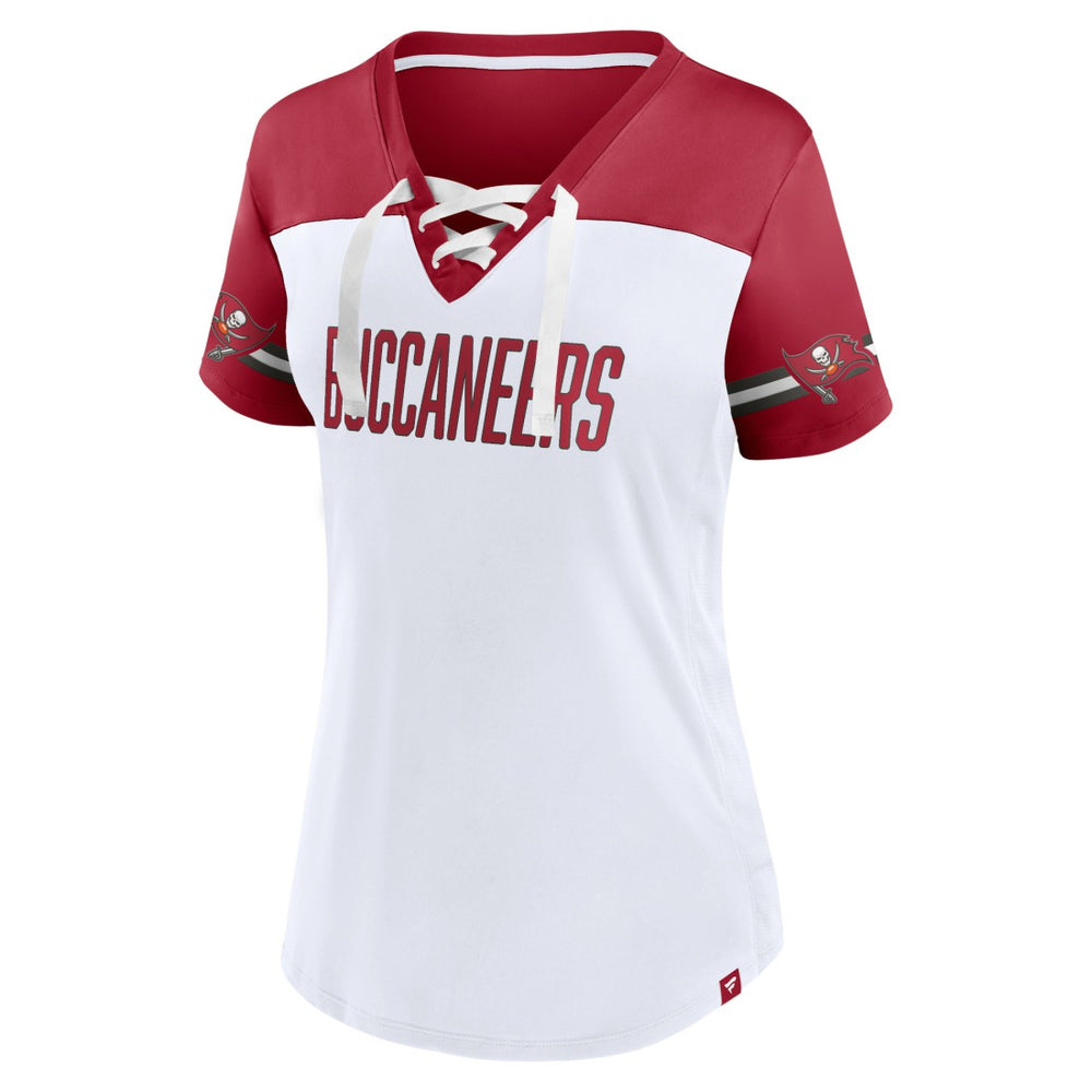 Tampa Bay Buccaneers Women's Dueling Slant V-Neck Lace-Up T-Shirt - White online